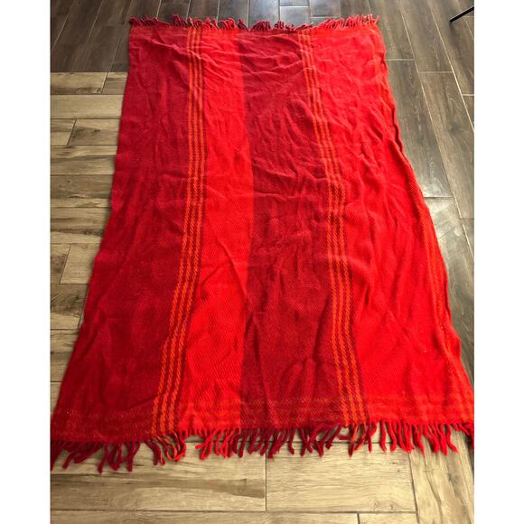 Vintage Hand Woven Red Stripe Wool Blanket 45"x80" Fringe - Picture 1 of 10